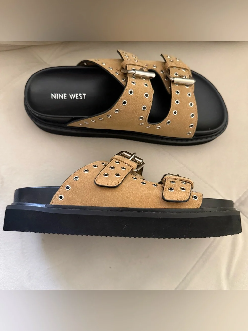Nine West Tan Suede Double-Buckle Slide Sandals
